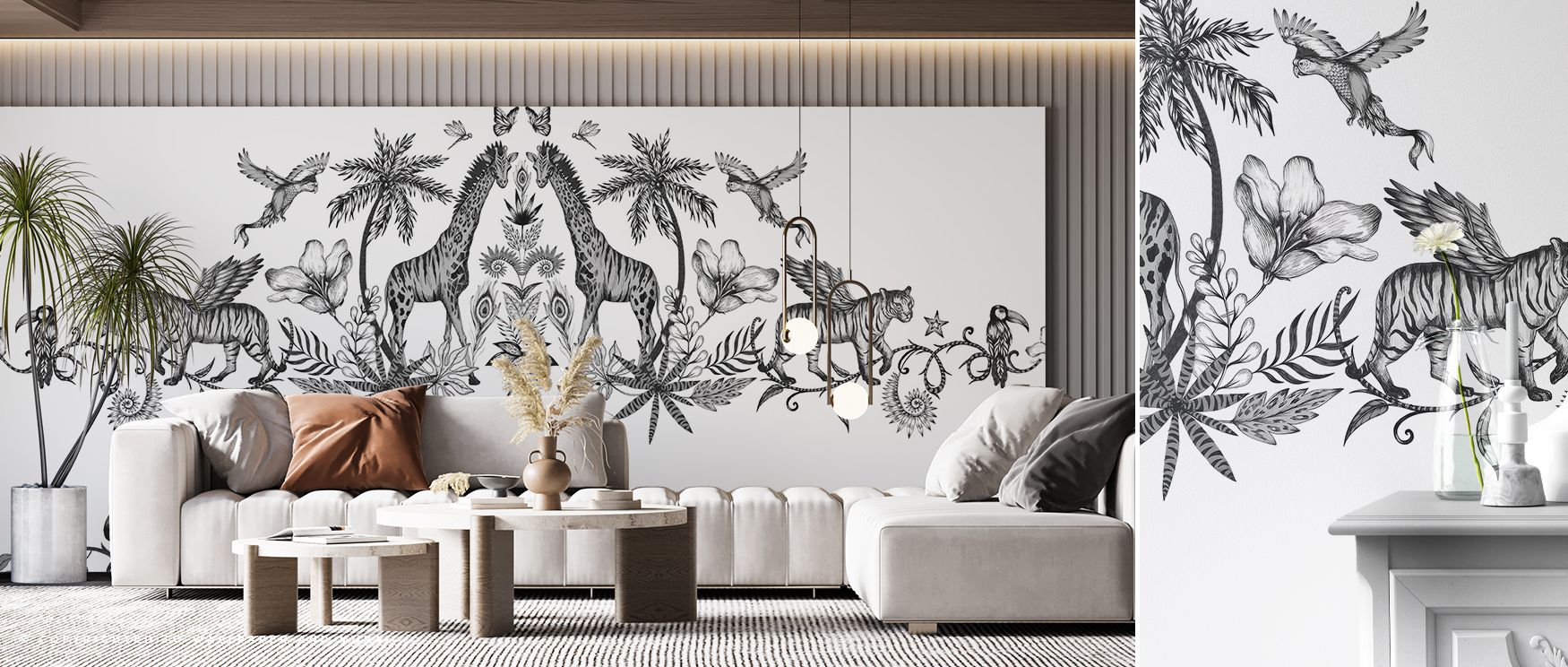 Through rhythm and tonal contrast, Chimera Animals Black & White Wallpaper conveys resonance rooted in imagination. The design enriches a living room, bedroom, or office with artistry, refinement, and timeless atmosphere, surrounding interiors with cultur