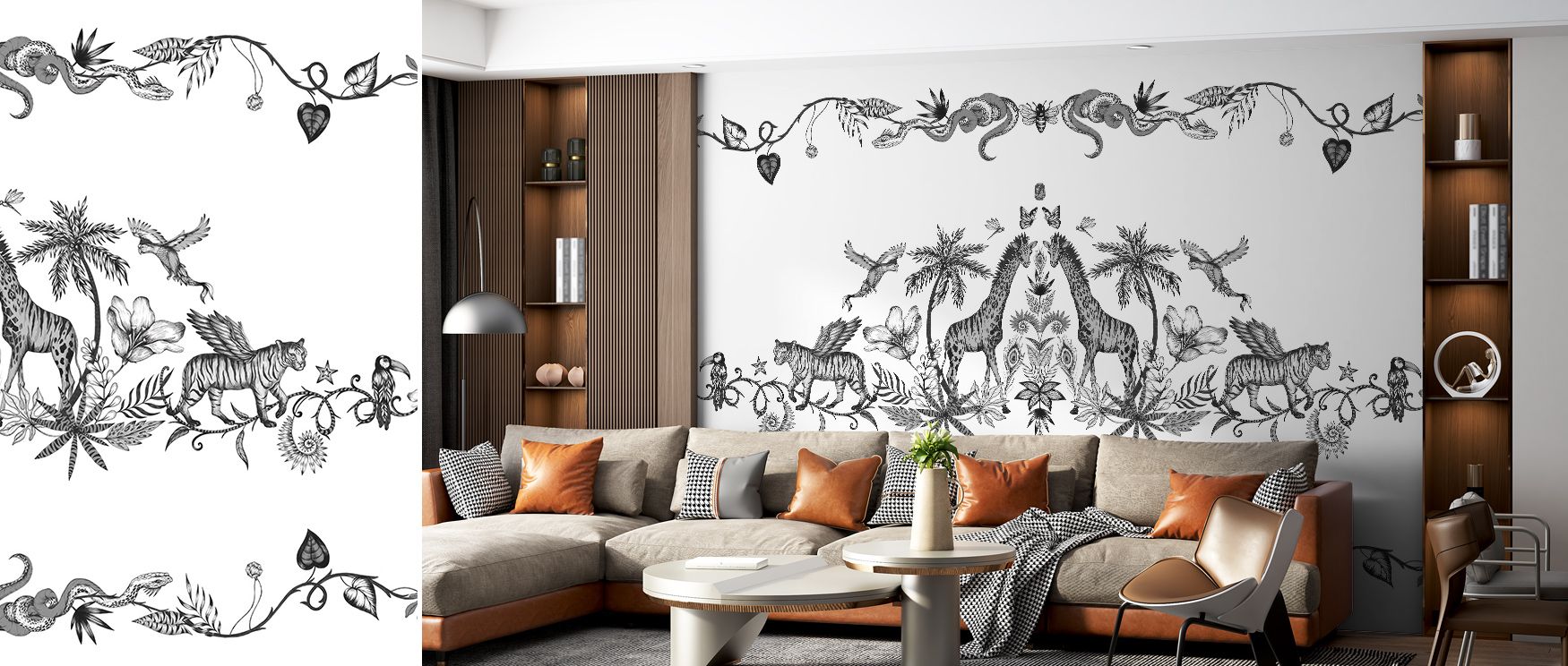 Chimera Animals Black & White Wallpaper radiates fantasy where forms emerge in balance, surrounding interiors with resonance. It enriches a living room, bedroom, or office with refinement, artistry, and cultural depth, surrounding walls with timeless intr
