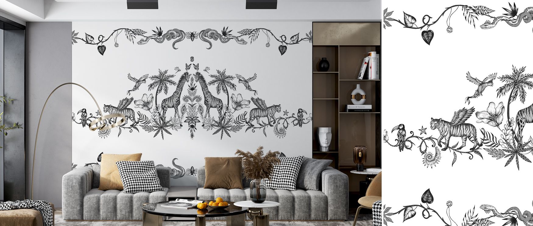 In Chimera Animals Black & White Wallpaper, legendary shapes flow across walls in rhythm. The design enriches a living room, bedroom, or office with resonance, artistry, and refinement, surrounding interiors with timeless sophistication. 