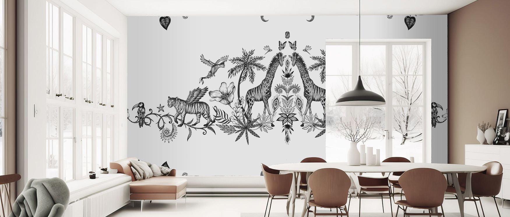 Chimera Animals Black & White Wallpaper embodies mystery where tones highlight figures with clarity. The design enriches a living room, bedroom, or office with resonance, artistry, and refinement, surrounding interiors with imagination. 
