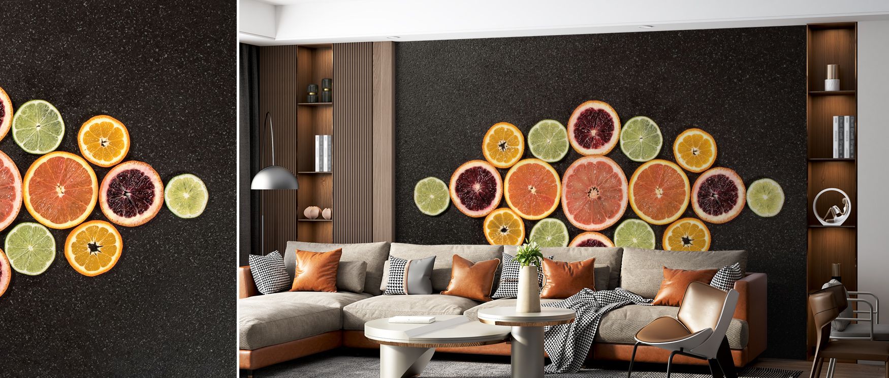 In Citrus Drama III Wallpaper, bold tones enhance detail where shapes glow in rhythm. The design enriches a living room, bedroom, or office with resonance, artistry, and refinement, surrounding interiors with stylish energy. 