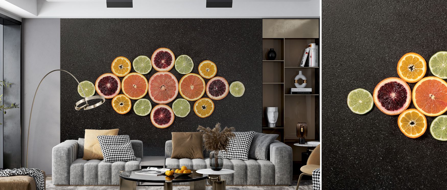 Citrus Drama III Wallpaper reflects refinement through abstract balance in vivid tones. This design enriches a living room, bedroom, or office with resonance, artistry, and timeless charm, surrounding interiors with bold resonance. 