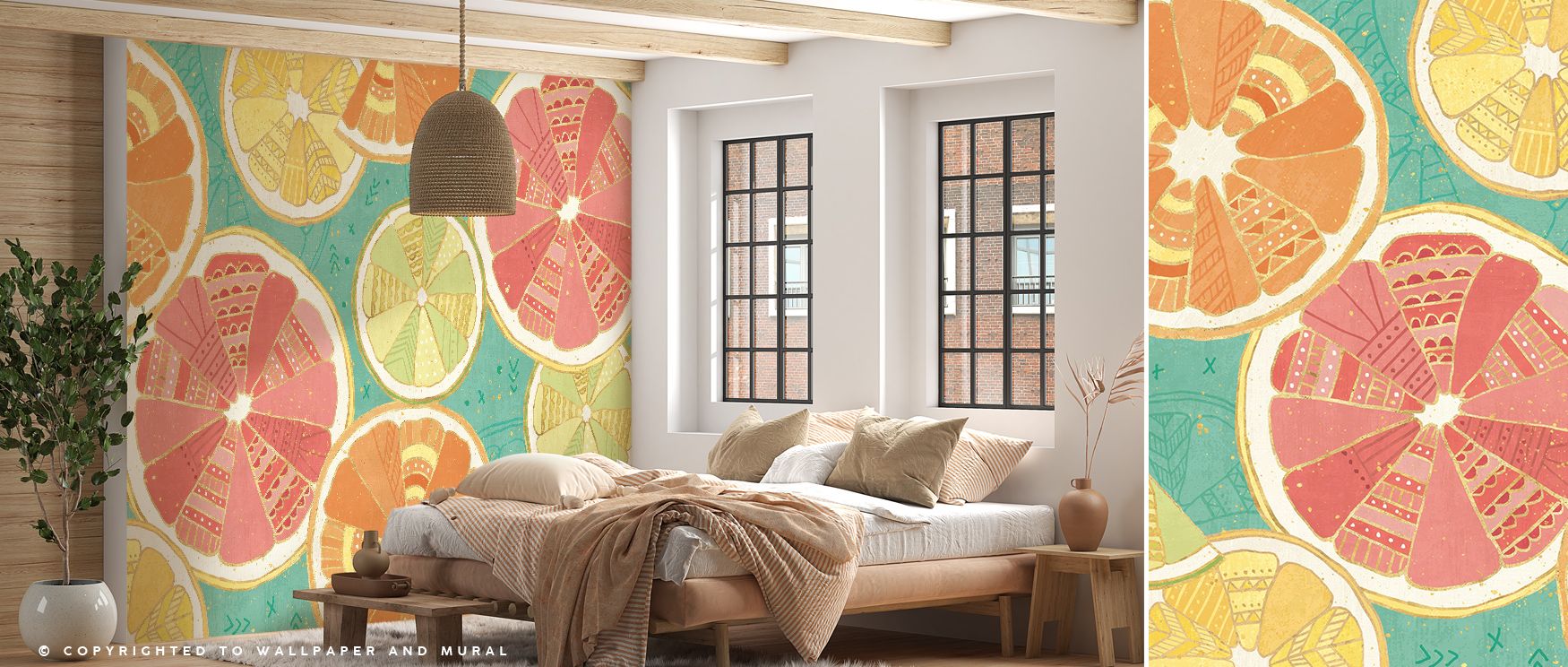 Citrus Splash XI Wallpaper conveys vibrancy where bold tones highlight rhythm across abstract forms. The design enriches a living room, bedroom, or office with atmosphere of refinement, artistry, and energy, surrounding interiors with timeless sophisticat