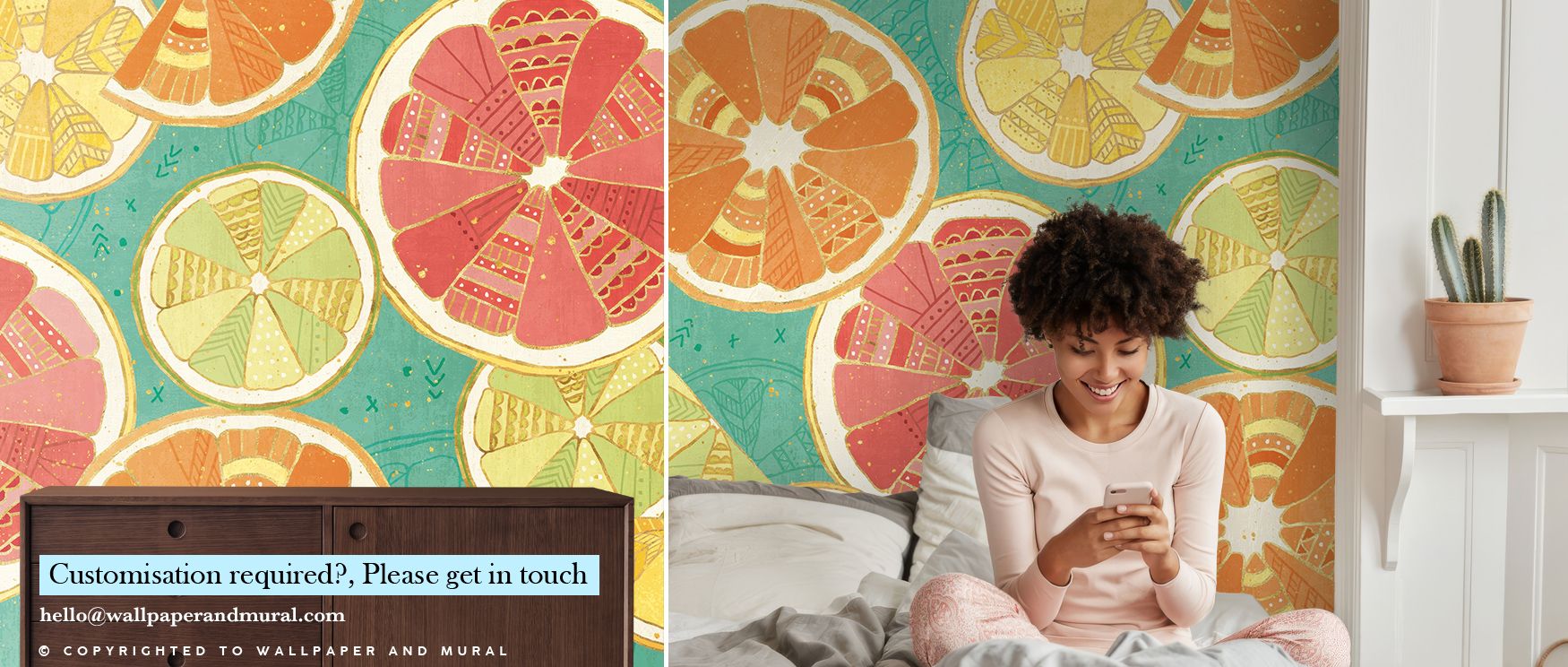 In Citrus Splash XI Wallpaper, shapes glow in radiant hues that balance proportion and clarity. The design enriches a living room, bedroom, or office with resonance, artistry, and refinement, surrounding interiors with bold cultural charm. 