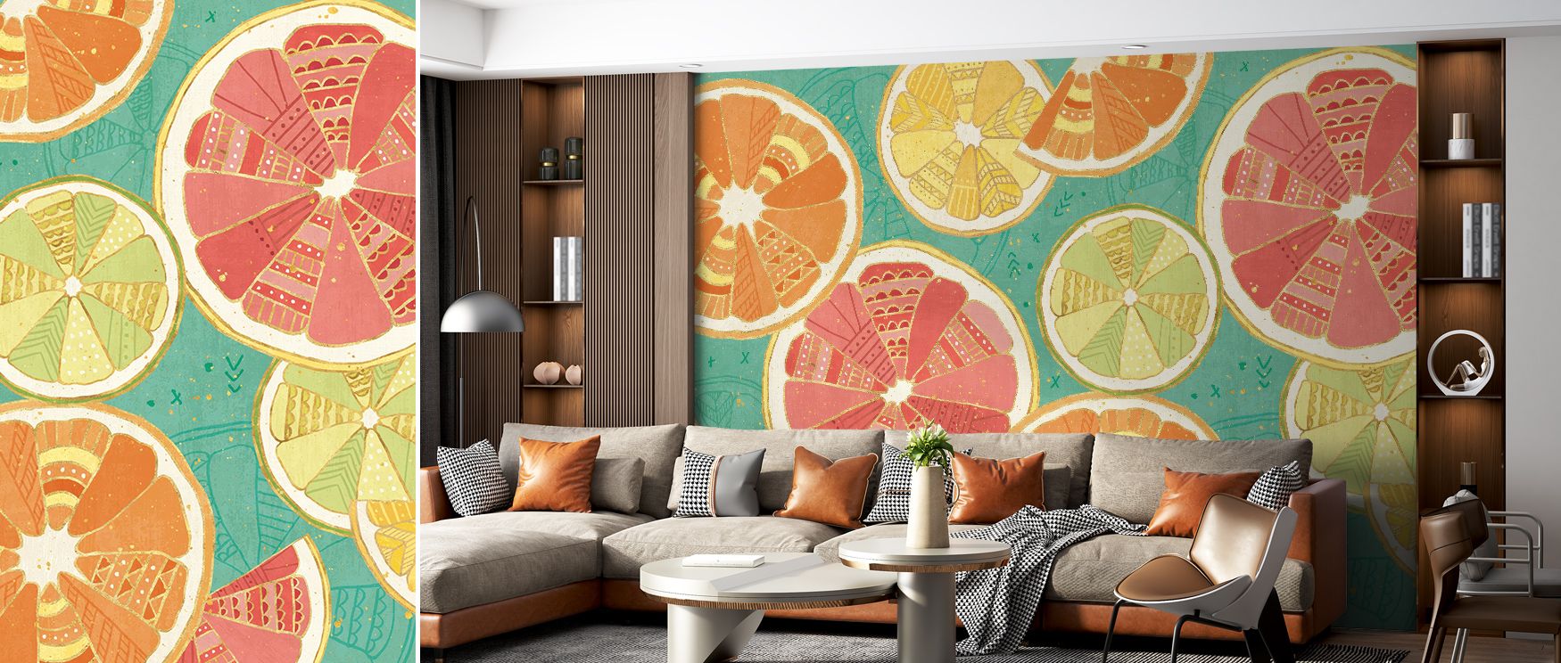 Citrus Splash XI Wallpaper radiates creativity where hues emphasize rhythm in balance. The design enriches a living room, bedroom, or office with resonance, artistry, and refinement, surrounding interiors with playful elegance. 