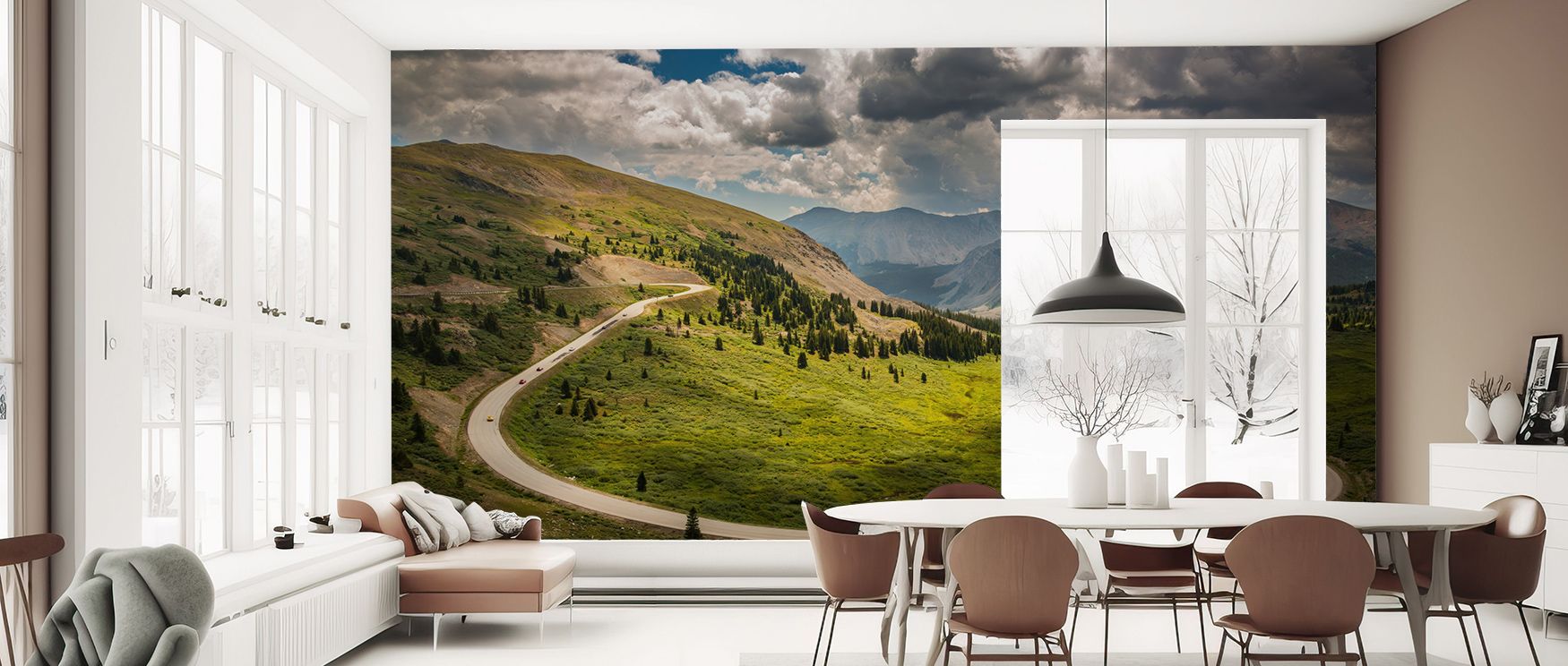 Cottonwood Bend Wallpaper portrays serenity where trees meet earth tones in harmony. The design enriches a living room, bedroom, or office with resonance, artistry, and refinement, surrounding interiors with peace. 