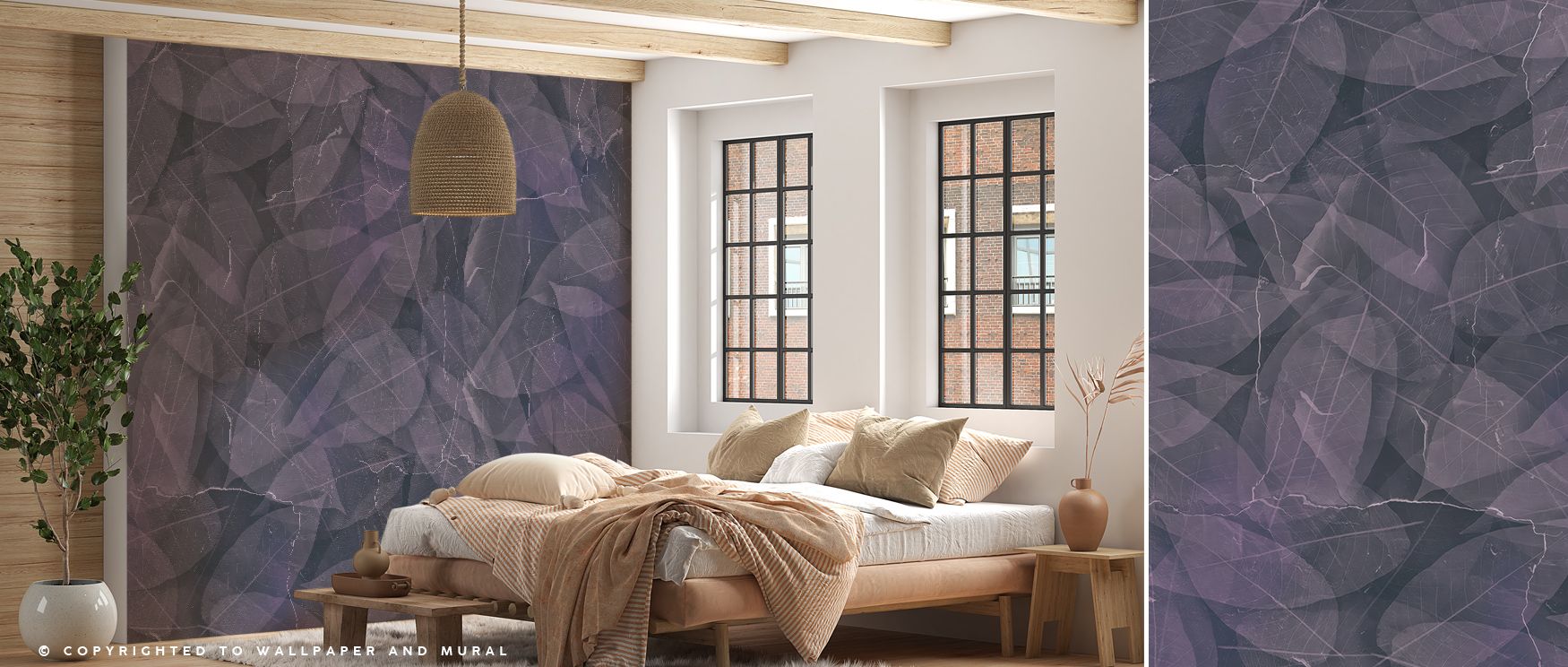 Dark Leafy in Purple Tone Wallpaper surrounds interiors with mysterious elegance, where foliage forms flow through layered purple tones. This artistic design enriches living room walls with atmospheric depth, surrounding spaces with intrigue and refined b
