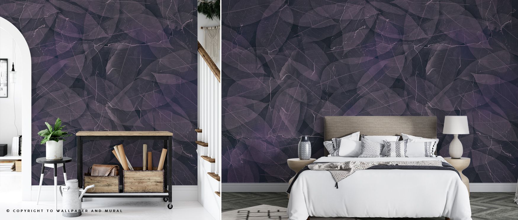 Dramatic foliage patterns dominate the Dark Leafy in Purple Tone Wallpaper, blending organic forms with bold purple tones. In an office, this design inspires creativity and atmosphere, turning flat walls into layered landscapes that balance mystery with e