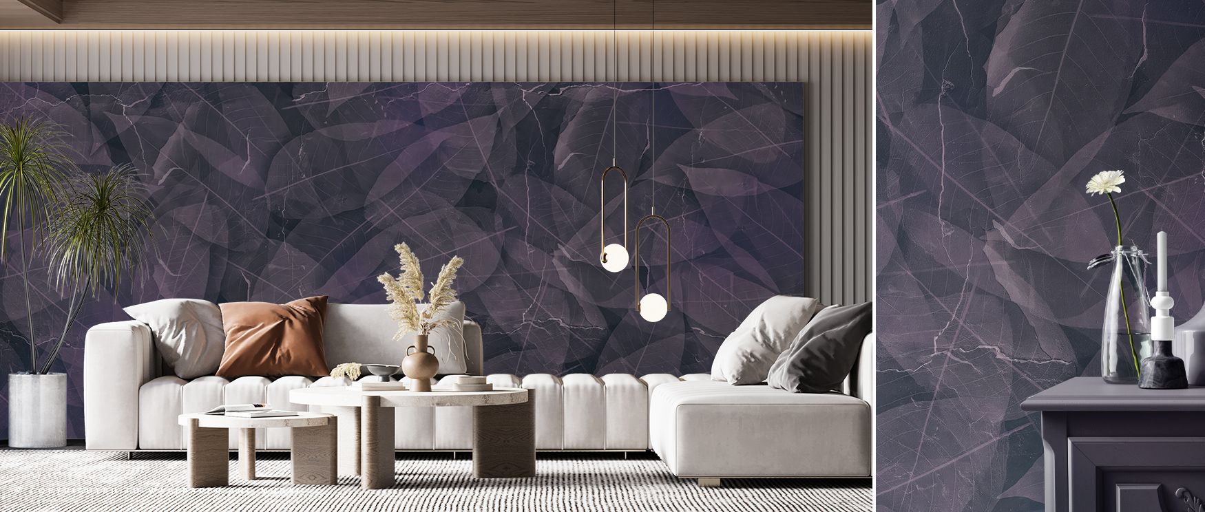 Subtle textures radiate within the Dark Leafy in Purple Tone Wallpaper, where flowing leaves form a rich tapestry of purple. Designed for living rooms, it infuses interiors with intrigue, mood, and artistic sophistication that transforms spaces into immer