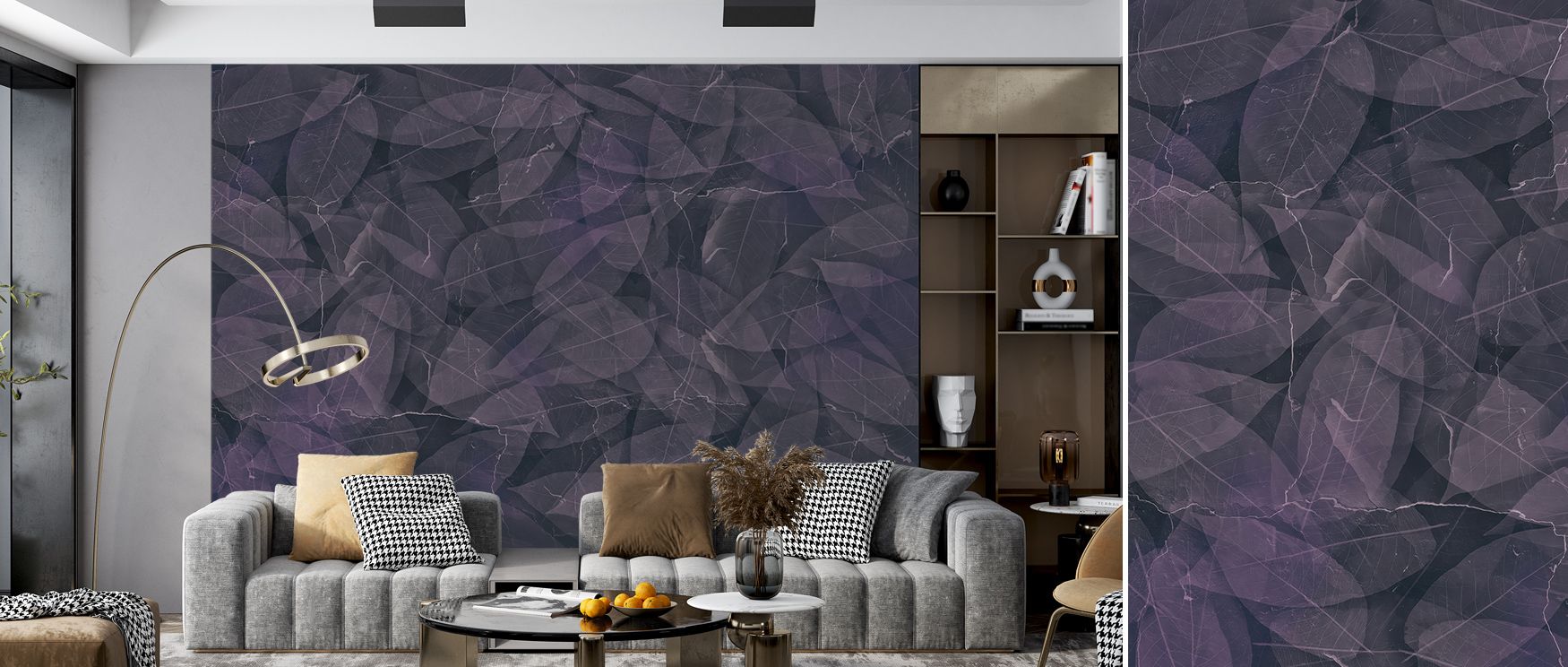 Shades of purple cascade across the Dark Leafy in Purple Tone Wallpaper, where layered foliage creates an immersive composition. Bedroom interiors benefit from its calm intrigue, warmth, and elegance, surrounding spaces with artistic sophistication and ti