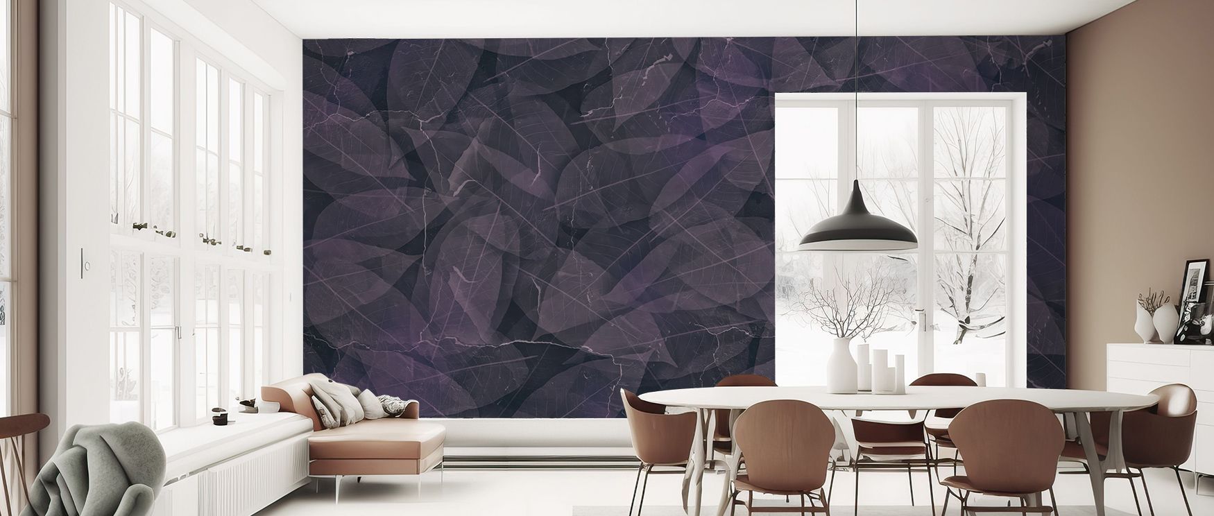 Elegant leaves ripple throughout the Dark Leafy in Purple Tone Wallpaper, each form contributing to a dramatic interplay of shadow and hue. Living room walls glow with mystery, refinement, and atmosphere, embodying artistry that connects nature with inter