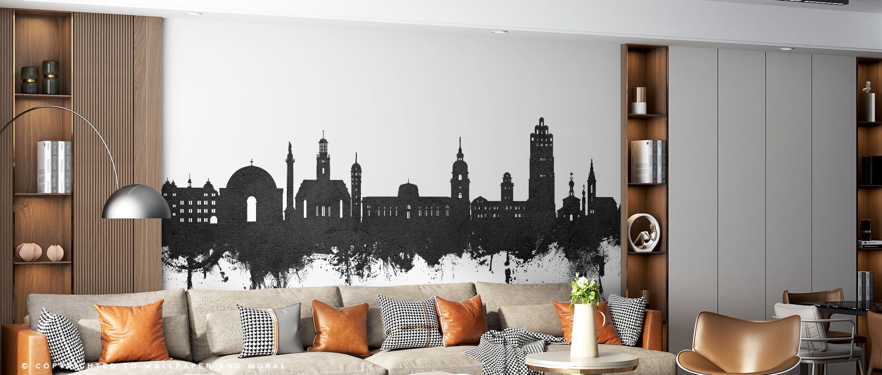 Monochrome artistry shapes the Darmstadt Skyline Wallpaper in Black & White, where heritage meets modern design. Living rooms radiate charm and atmosphere, filled with mood and timeless elegance that elevate interiors with urban character. 