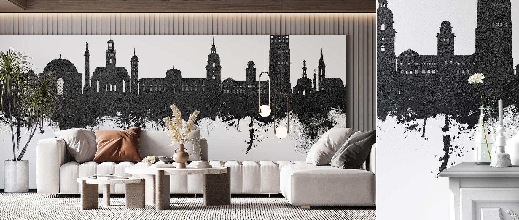 Architectural beauty shines across the Darmstadt Skyline Wallpaper in Black & White, as silhouettes stand proud against rich tones. Offices are enriched with character, atmosphere, and elegance, creating walls filled with legacy and design. 