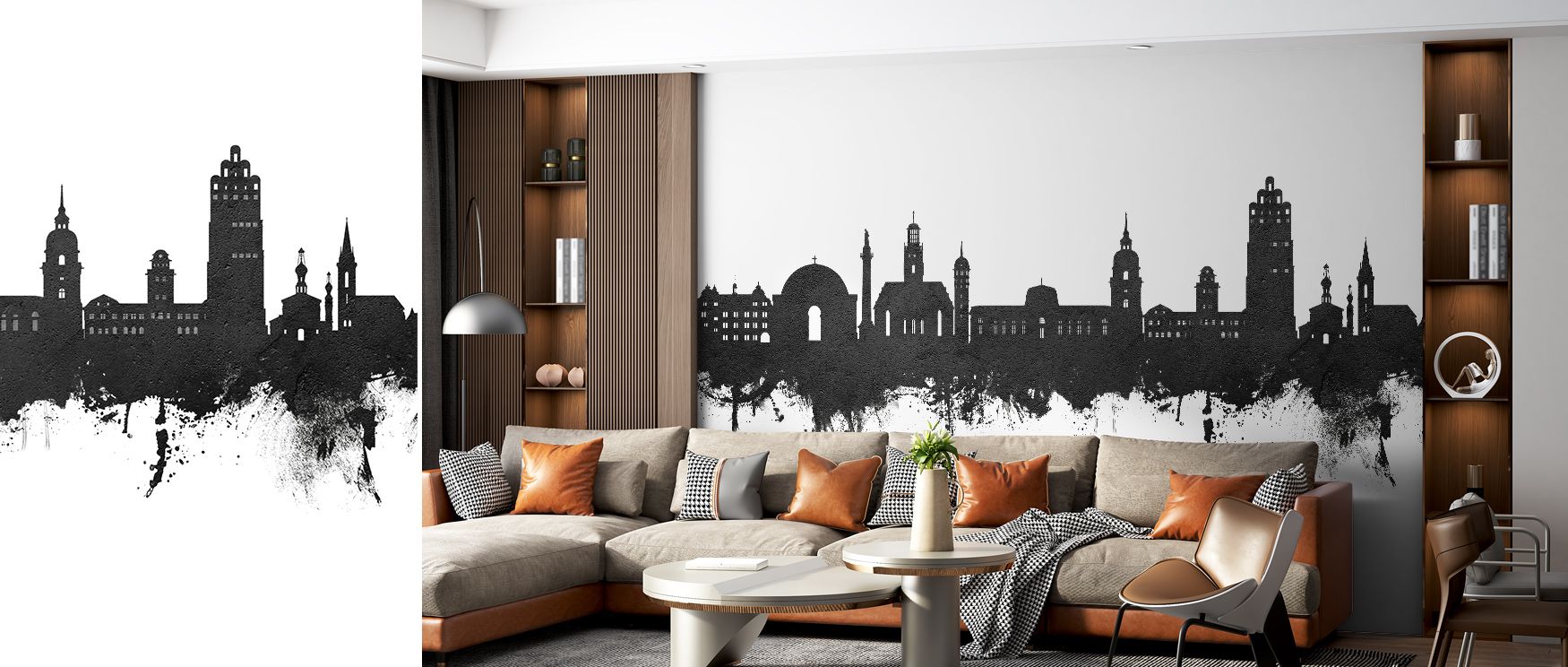 Dynamic contrast flows across the Darmstadt Skyline Wallpaper in Black & White, where crisp tones evoke cultural heritage. Living rooms gain depth, rhythm, and sophistication, filled with atmosphere that bridges past and present. 