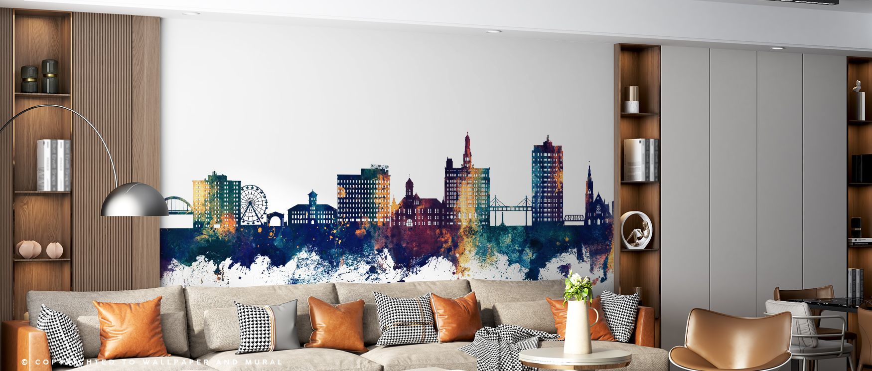 Atmospheric tones dominate the Davenport Iowa Skyline Wallpaper, where bronze and blue blend into a harmonious vision. Living rooms gain elegance, charm, and mood, filled with architectural rhythm that inspires reflection. 