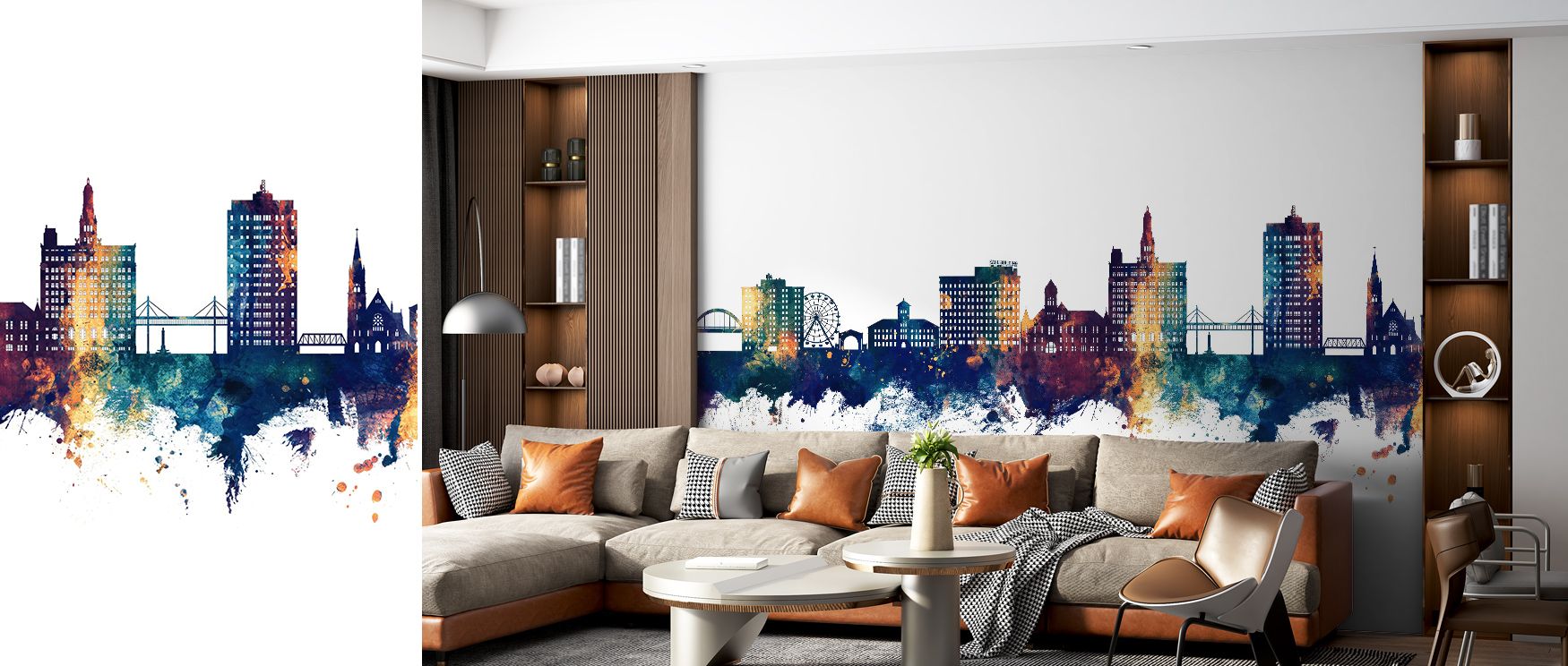 Shimmering bronze highlights define the Davenport Iowa Skyline Wallpaper, where blue depths frame architectural silhouettes. Living room interiors become artistic landscapes enriched with atmosphere, charm, and cultural presence. 