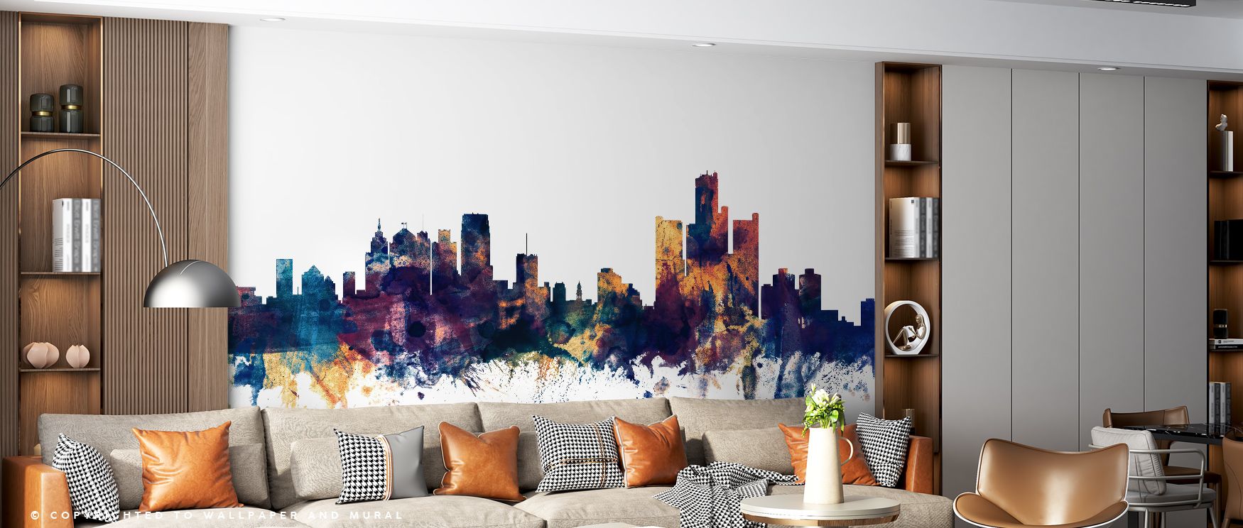 Bronze and blue tones dominate the Detroit Michigan Skyline Wallpaper in Blue & Bronze, creating an expressive composition that fills living rooms with atmosphere and charm. Interiors glow with refinement, rhythm, and vibrancy, surrounding walls with cult