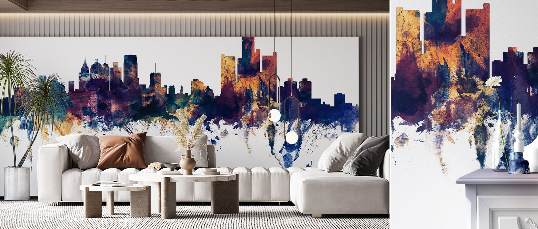 Creative contrasts define the Detroit Michigan Skyline Wallpaper in Blue & Bronze, offering rhythm and heritage across urban silhouettes. Offices gain depth, refinement, and character, becoming spaces that reflect cultural pride and modern elegance in equ