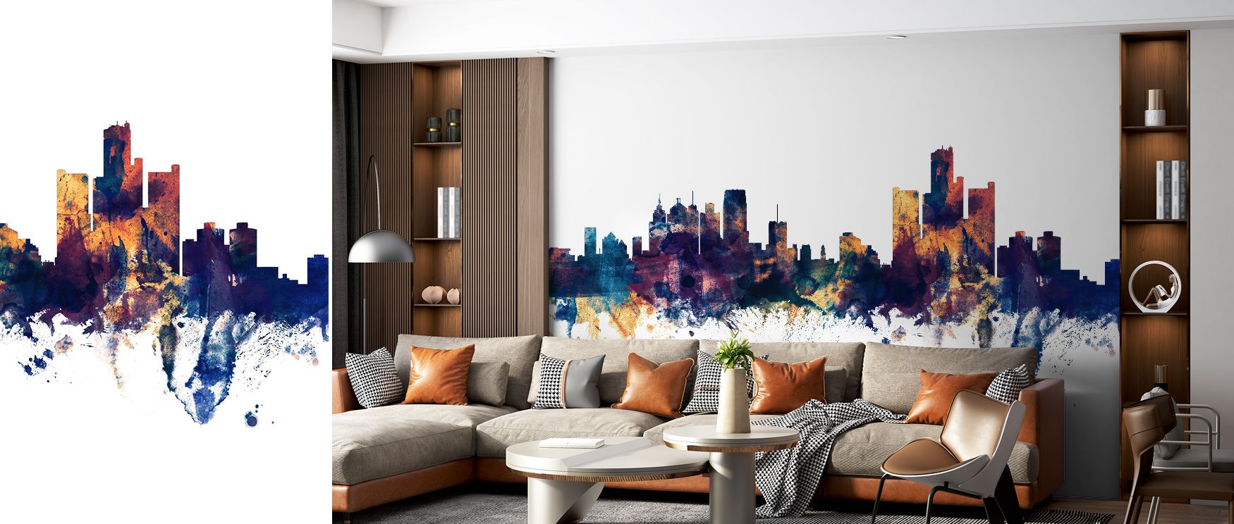 The Detroit Michigan Skyline Wallpaper in Blue & Bronze radiates urban vibrancy, transforming living rooms into cultural settings. Walls glow with atmosphere, rhythm, and artistic energy, enriched with timeless beauty and luminous sophistication that elev