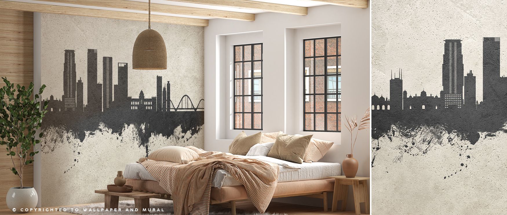 Dynamic contrasts highlight the Dhaka Bangladesh Skyline Wallpaper in Concrete, adding cultural resonance and refinement to office walls. Interiors glow with rhythm, atmosphere, and sophistication, enriched by architectural artistry that reflects both her