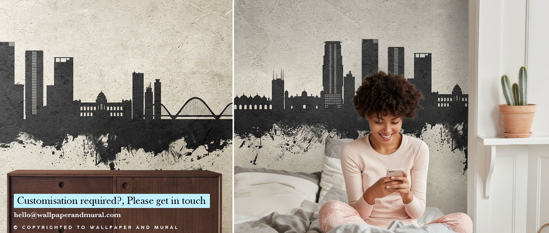 Monochrome tones enhance the Dhaka Bangladesh Skyline Wallpaper in Concrete, presenting bedroom interiors with refined atmosphere and cultural charm. Walls glow with heritage, rhythm, and artistic detail, creating immersive spaces filled with elegance and