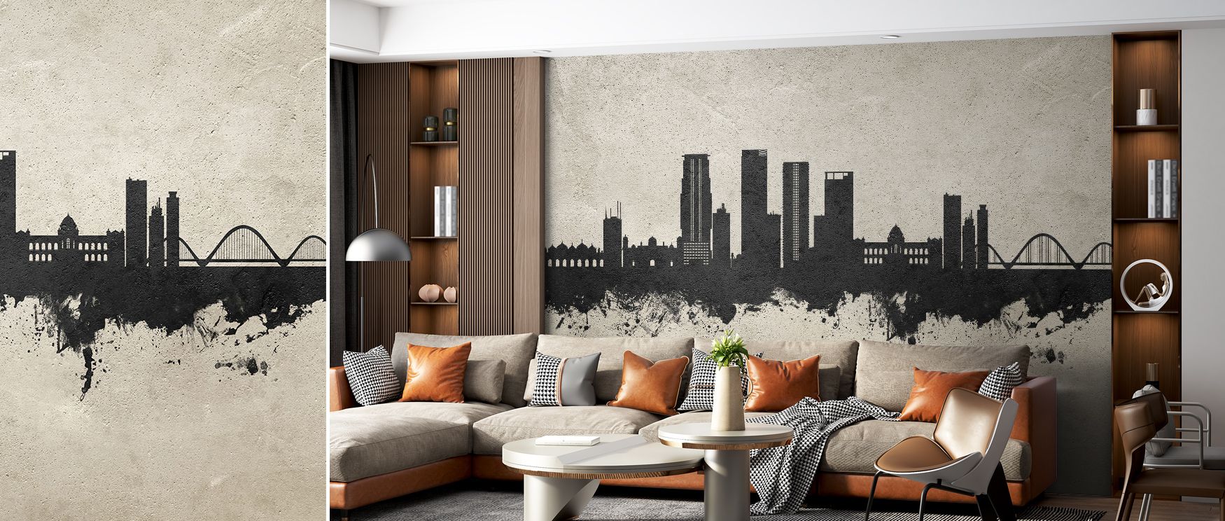 A textured composition emerges in the Dhaka Bangladesh Skyline Wallpaper in Concrete, turning living rooms into cultural showcases. Interiors glow with rhythm, refinement, and mood, filled with heritage and modern elegance that transform walls into expres