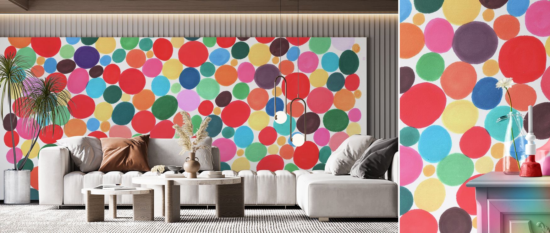 Artistic rhythm defines the Disco Dotts Vibrant Wallpaper, filling living room interiors with atmosphere, movement, and vibrancy. The dotted design enriches spaces with playfulness and brightness, turning ordinary walls into immersive and cheerful cultura