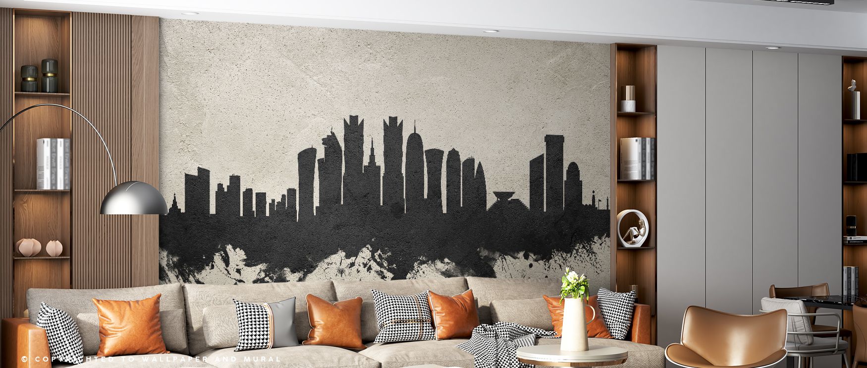 A vision of cultural pride radiates from the Doha Qatar Skyline Concrete Wallpaper, surrounding living rooms with sophistication and atmosphere. Interiors glow with elegance, creativity, and refinement, transforming ordinary walls into immersive architect