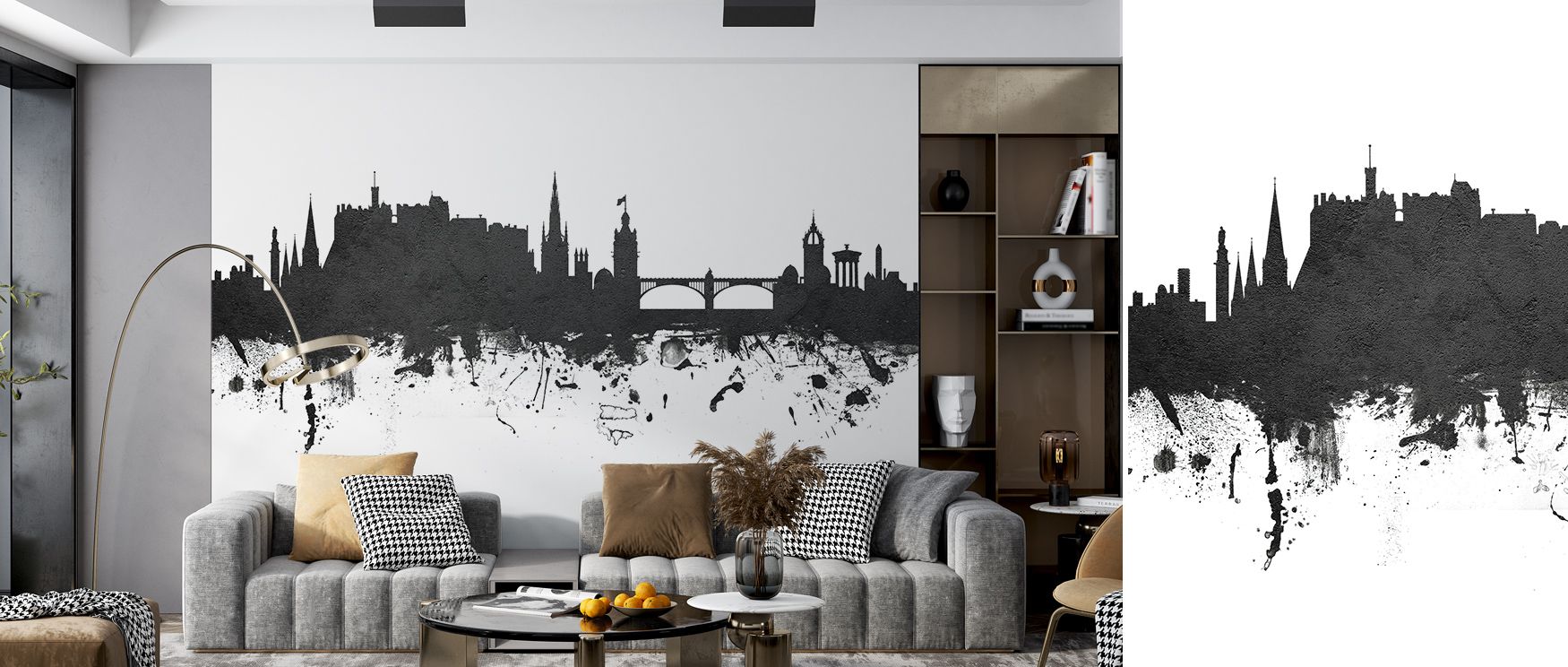 Sophisticated rhythm flows across the Edinburgh Scotland Skyline Wallpaper in Black & White, surrounding bedroom interiors with atmosphere, refinement, and cultural charm. Walls glow with artistry and resonance, enriched by timeless design and elegance. 