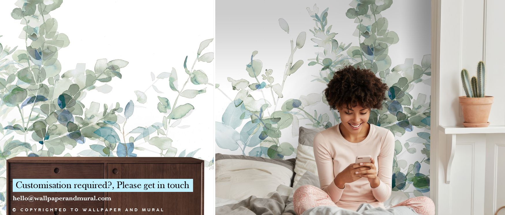 Gentle leaf patterns highlight the Eucalyptus I Cool Wallpaper, enhancing bedroom interiors with calm resonance and refinement. Walls glow with artistic elegance, cultural charm, and atmosphere, becoming timeless settings enriched with serenity. 