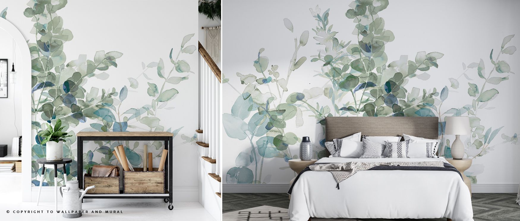 Natural calm flows from the Eucalyptus I Cool Wallpaper, enriching office walls with resonance, refinement, and atmosphere. Interiors glow with artistry and cultural pride, surrounding spaces with timeless serenity and elegance. 