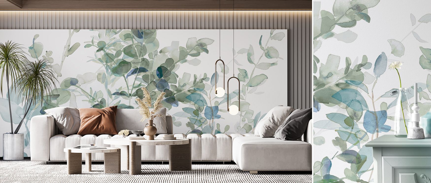 Fresh elegance emerges in the Eucalyptus I Cool Wallpaper, presenting living rooms with calm resonance, refinement, and atmosphere. Interiors glow with natural detail, artistry, and cultural depth, creating immersive settings enriched by beauty. 