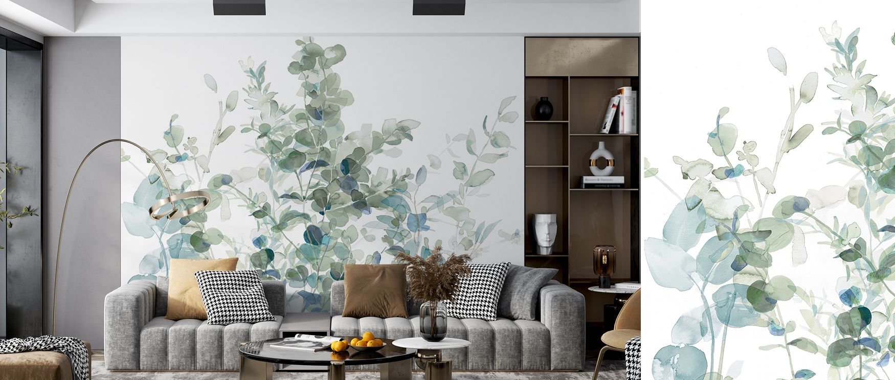 Delicate artistry defines the Eucalyptus I Cool Wallpaper, enriching living rooms with resonance, balance, and calm. Interiors glow with refinement and natural depth, surrounding walls with cultural charm and elegance. 