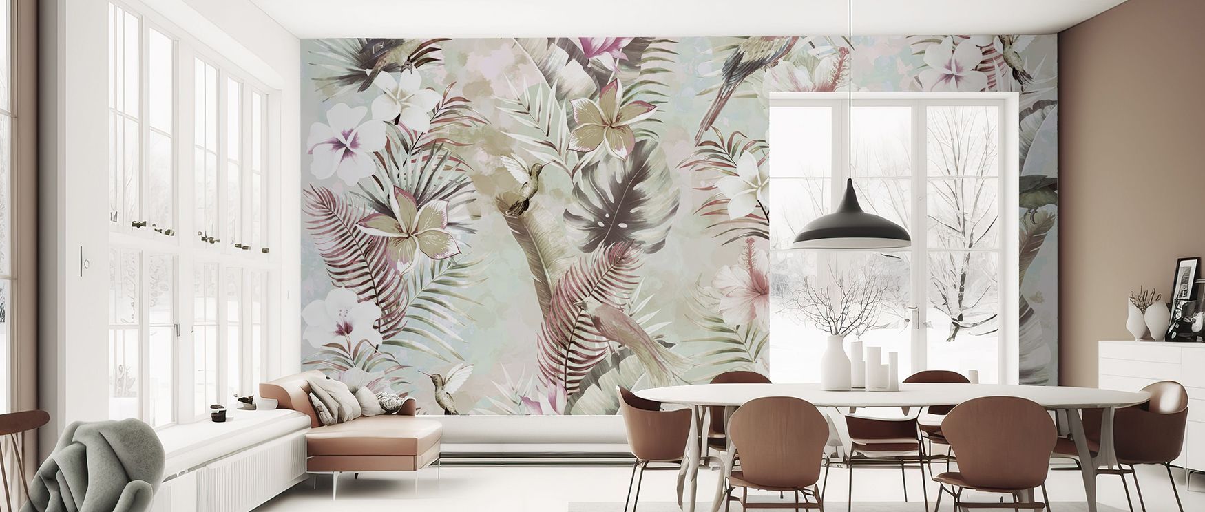 Creative resonance emerges in the Exotic Vibes Wallpaper, surrounding office interiors with atmosphere, refinement, and tropical artistry. Walls glow with cultural charm, rhythm, and bold tones, enriching spaces with immersive vibrancy. 