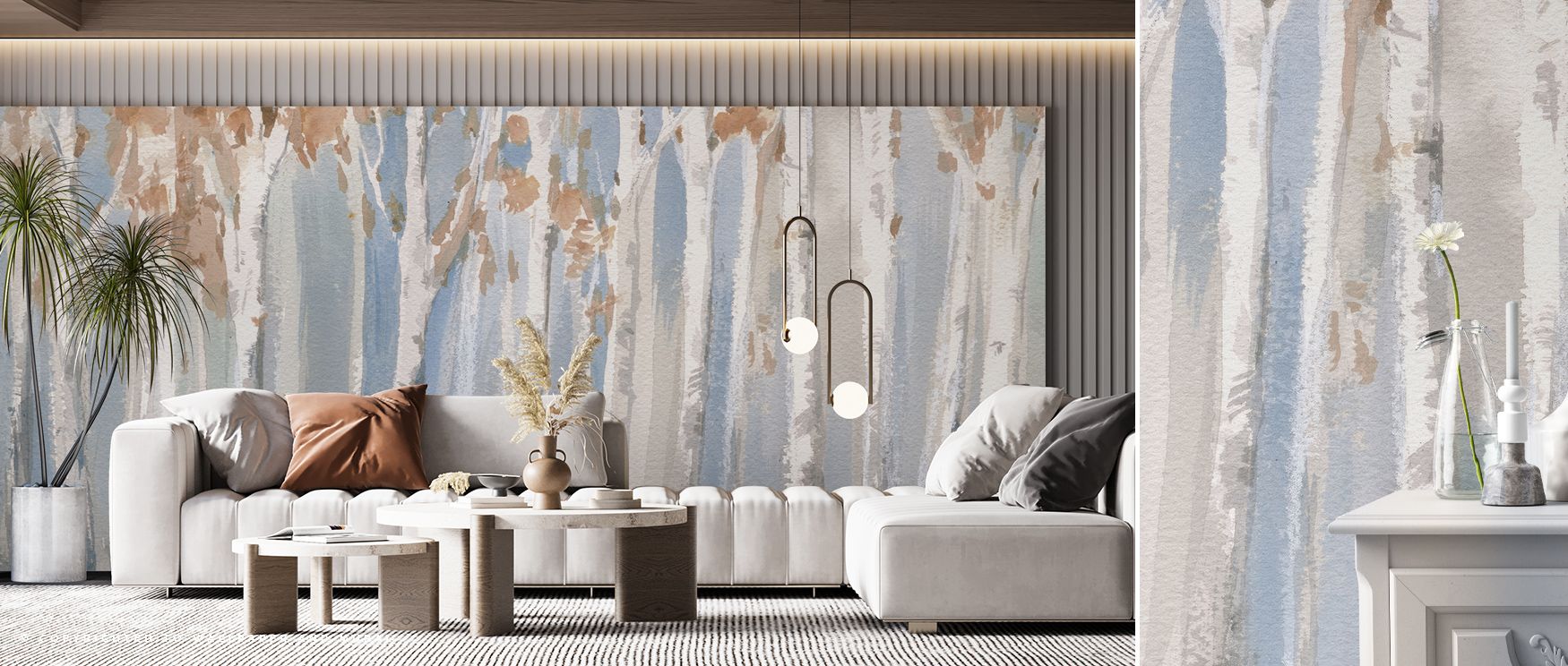 Decorative rhythm emerges in the Fall Birch Wallpaper, surrounding living rooms with resonance, refinement, and autumn charm. Interiors glow with atmosphere and seasonal artistry, enriching spaces with cultural pride. 