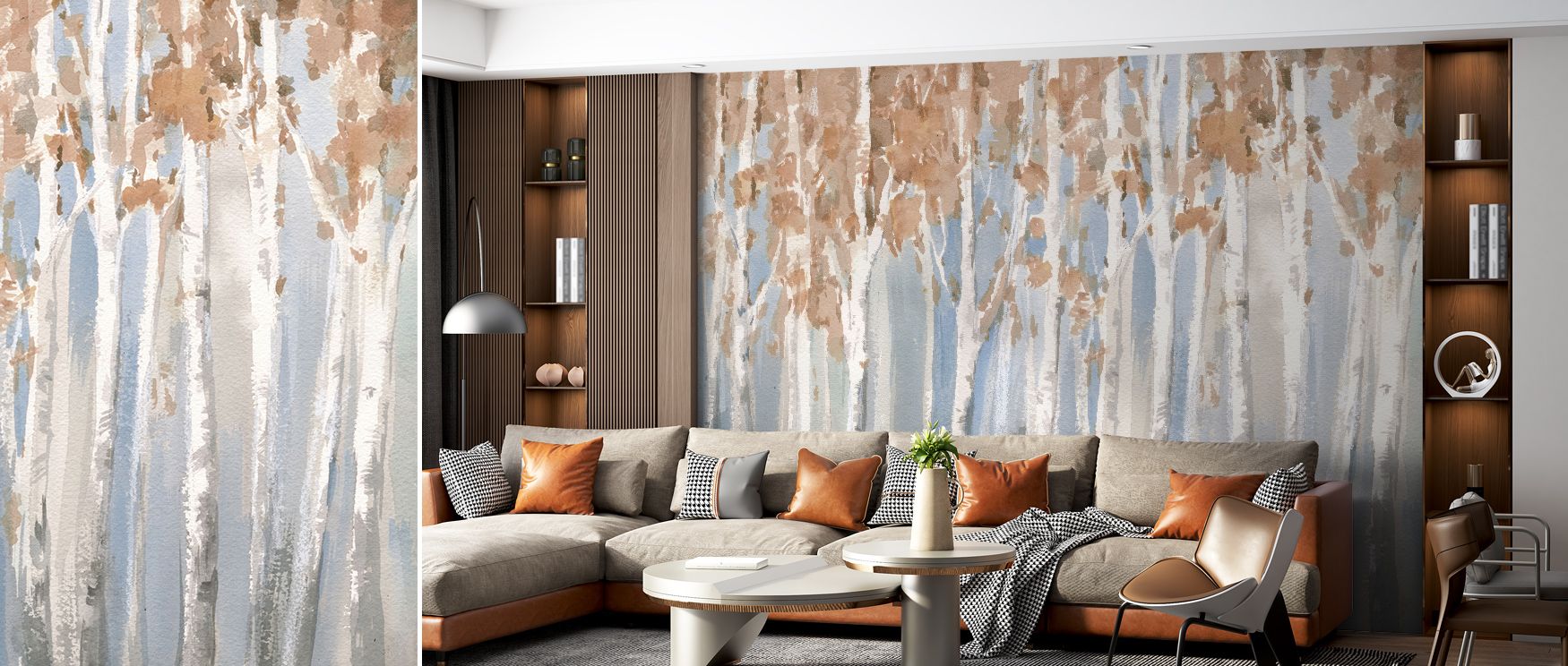 Seasonal charm radiates from the Fall Birch Wallpaper, surrounding bedroom walls with resonance, refinement, and atmosphere. Interiors glow with warmth, artistry, and cultural pride, enriched by decorative seasonal beauty. 