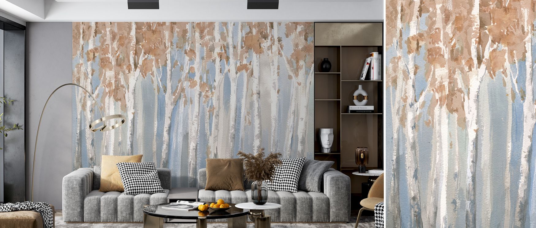 Autumnal elegance flows through the Fall Birch Wallpaper, enriching living rooms with atmosphere, resonance, and refinement. Interiors glow with seasonal pride, artistry, and charm, transforming walls into decorative showcases. 