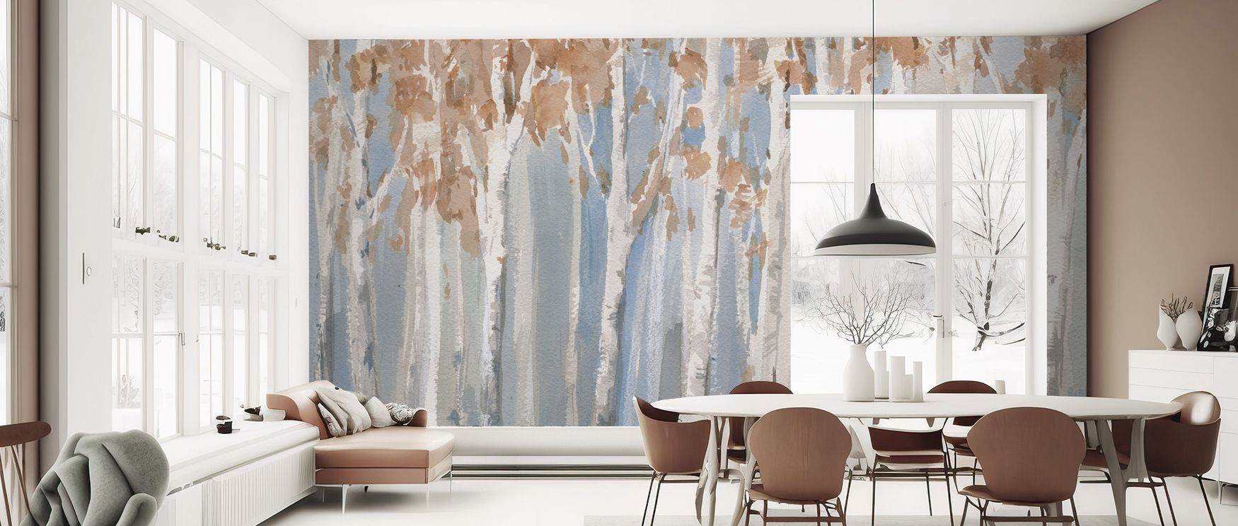 Artistic resonance characterizes the Fall Birch Wallpaper, enhancing office interiors with atmosphere, resonance, and charm. Walls glow with cultural pride and seasonal detail, surrounding interiors with decorative artistry and warmth. 