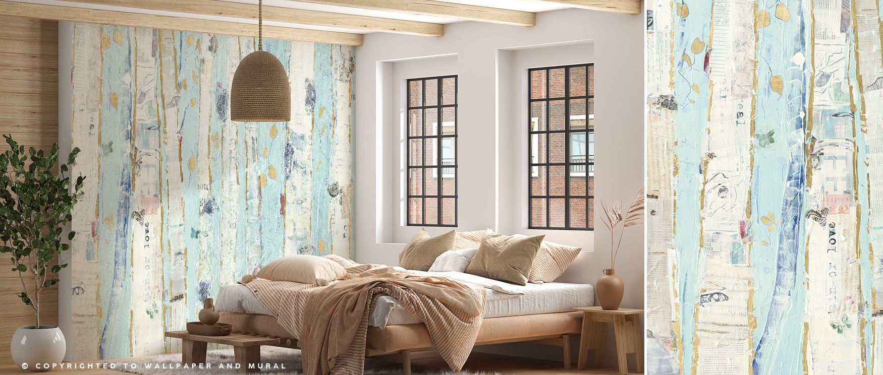 Far From Blue III Gold Leaves Wallpaper radiates elegance, surrounding living rooms with rich blue tones and golden accents. Interiors glow with atmosphere, refinement, and artistry, transforming walls into luxurious spaces enriched with cultural pride an