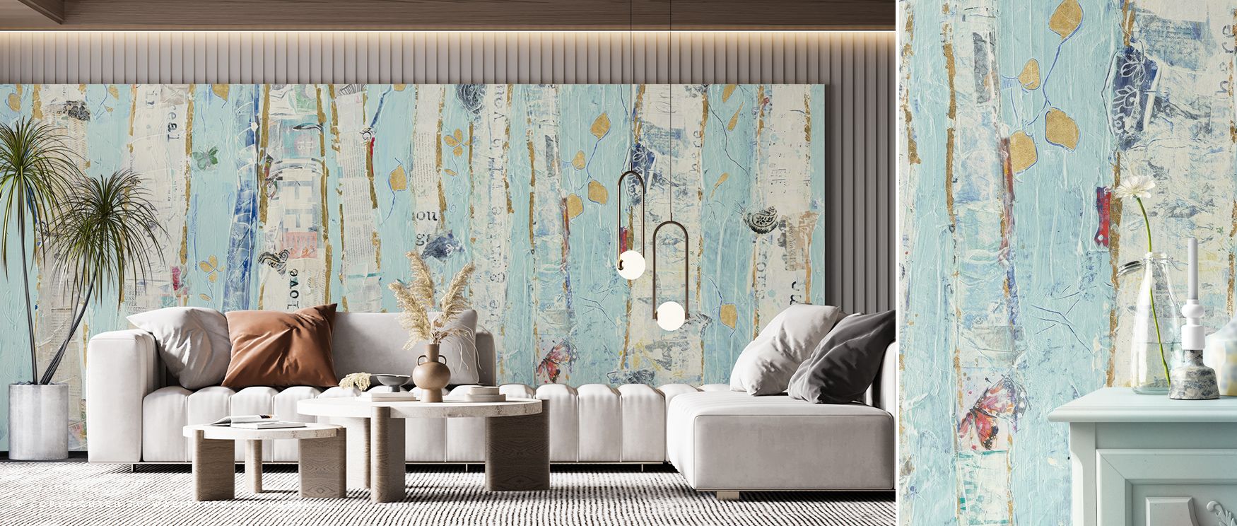 Golden artistry shines across the Far From Blue III Gold Leaves Wallpaper, enriching living rooms with atmosphere, refinement, and resonance. Interiors glow with luxurious detail, artistic charm, and cultural sophistication, transforming walls with timele