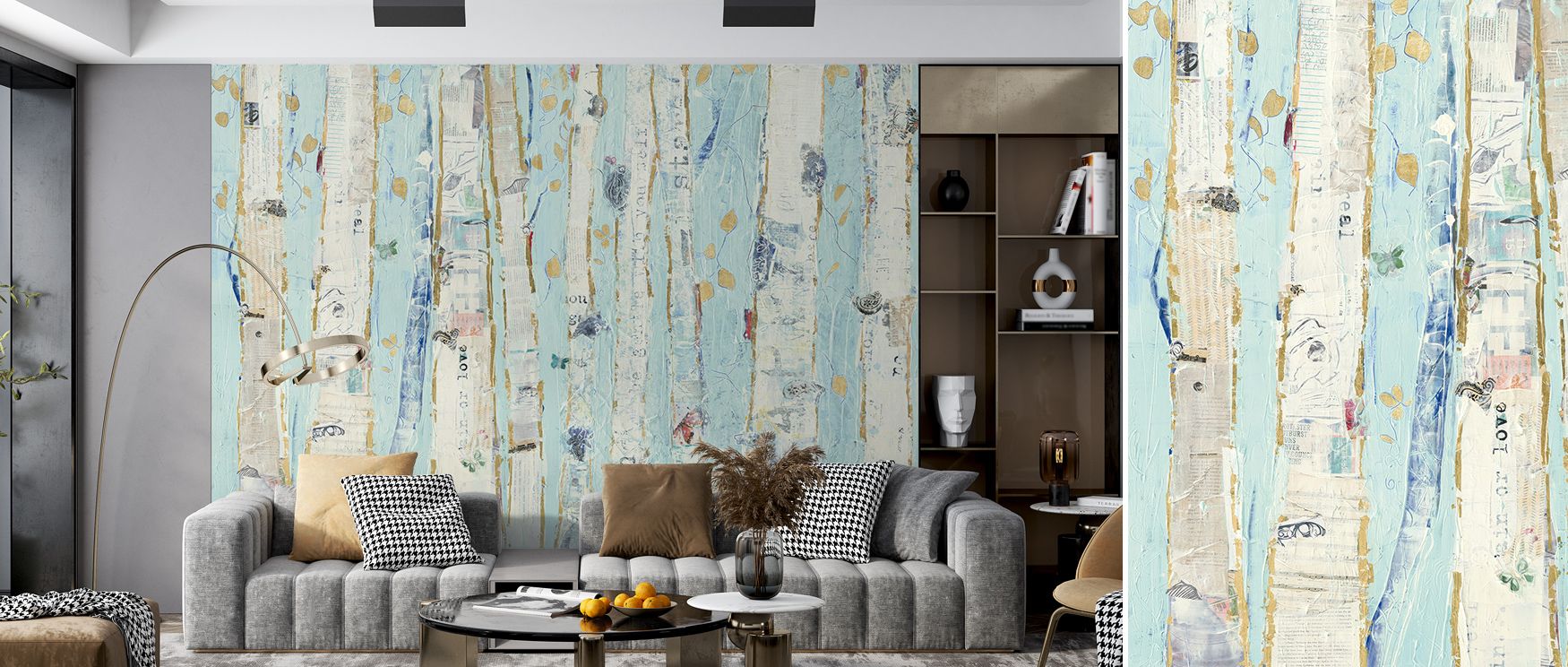 A vision of luxury defines the Far From Blue III Gold Leaves Wallpaper, enriching living rooms with atmosphere, resonance, and artistry. Interiors glow with sophistication, cultural pride, and elegant detail, creating timeless decorative spaces. 