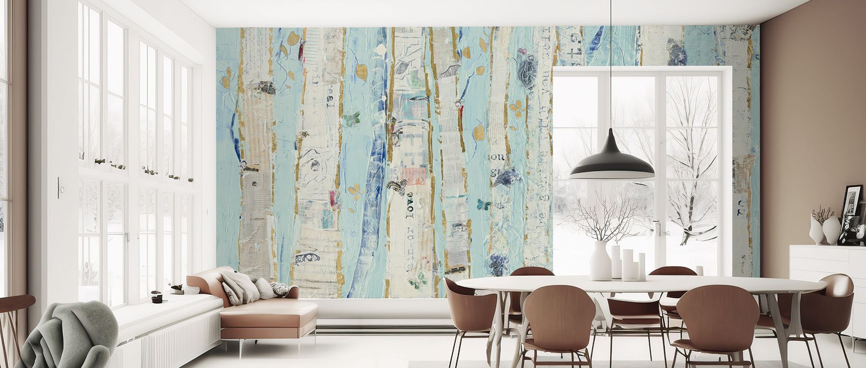Cultural refinement emerges in the Far From Blue III Gold Leaves Wallpaper, surrounding office walls with resonance, elegance, and atmosphere. Interiors glow with artistic richness and golden detail, transforming spaces into timeless decorative showcases.