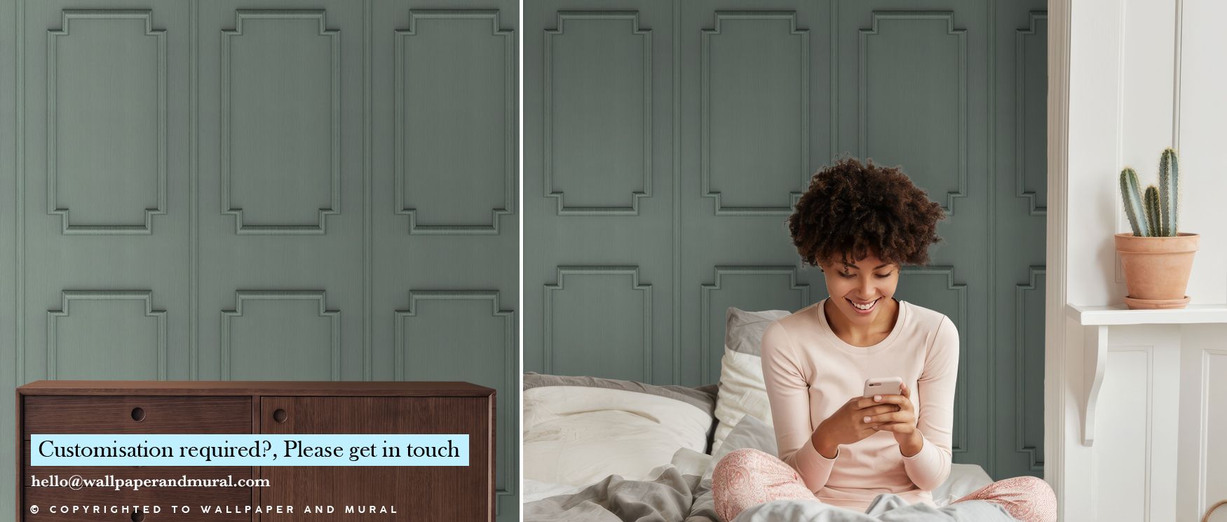 Subtle green hues highlight the Faux Wall Panel Moulding Sage Wallpaper, enriching bedroom walls with resonance, refinement, and charm. Interiors glow with atmosphere, artistry, and cultural pride, surrounding spaces with timeless beauty. 