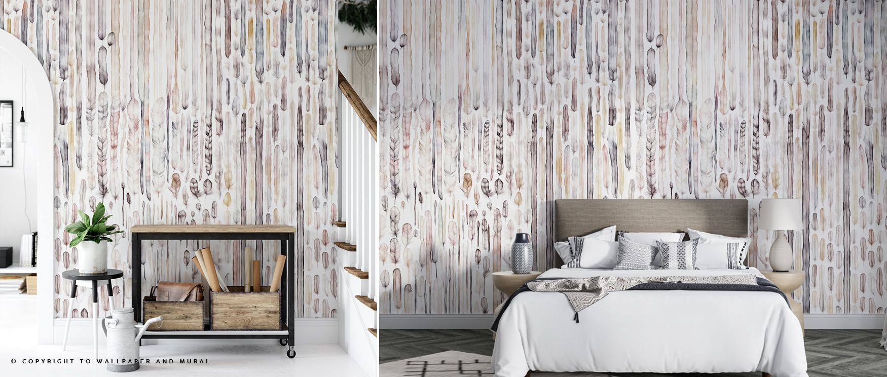 Decorative rhythm emerges in the Feather Wall Cool Wallpaper, surrounding office walls with resonance, refinement, and balance. Interiors glow with artistic pride, cultural depth, and atmosphere, transforming spaces with elegance and serenity. 
