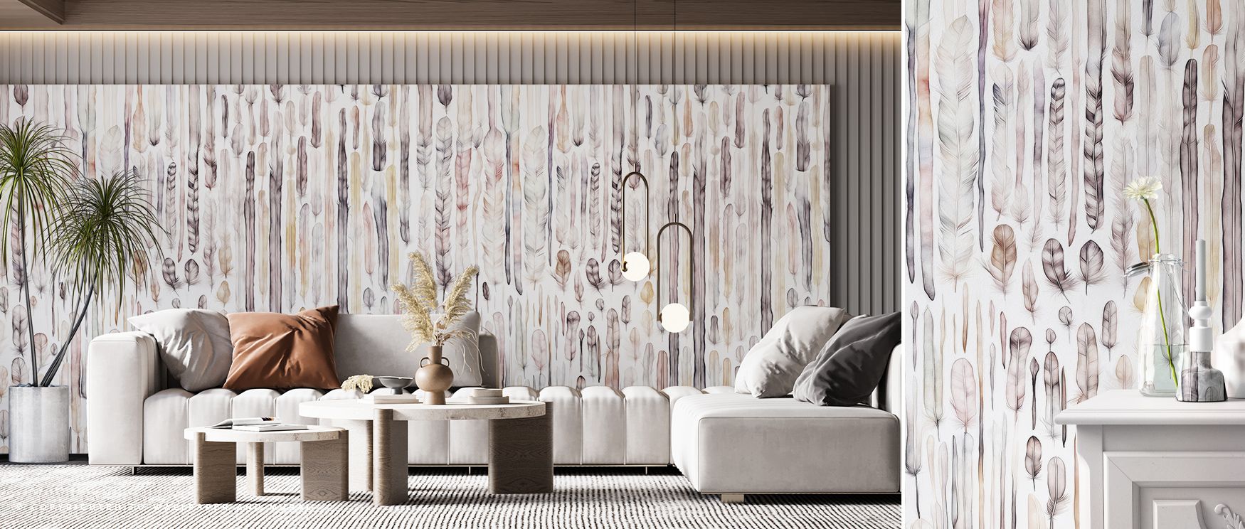 Subtle charm flows across the Feather Wall Cool Wallpaper, surrounding living rooms with resonance, refinement, and calm. Interiors glow with artistry, cultural pride, and timeless depth, enriching walls with decorative serenity. 