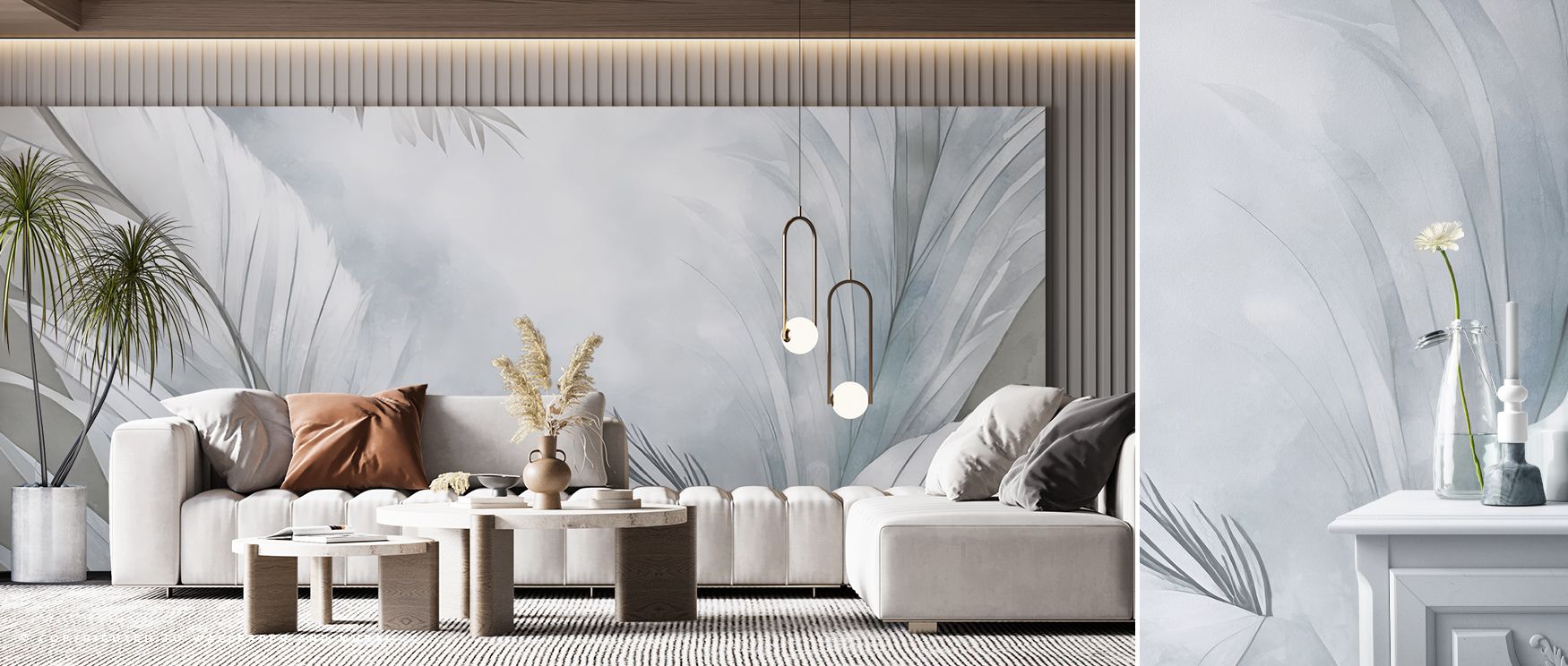 Subtle detail highlights the Feathers Magic Blue Wallpaper, surrounding living rooms with resonance, refinement, and serenity. Interiors glow with cultural pride, artistic depth, and calm resonance, creating decorative environments of refinement. 