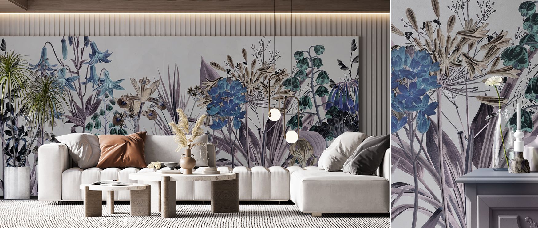 Delicate blossoms flourish in Field of Dreams Blue Wallpaper, weaving across soft tones that bring serenity into interiors. Each flowing detail suggests quiet reflection, creating a space where beauty and calm coexist, ideal for enhancing a peaceful envir