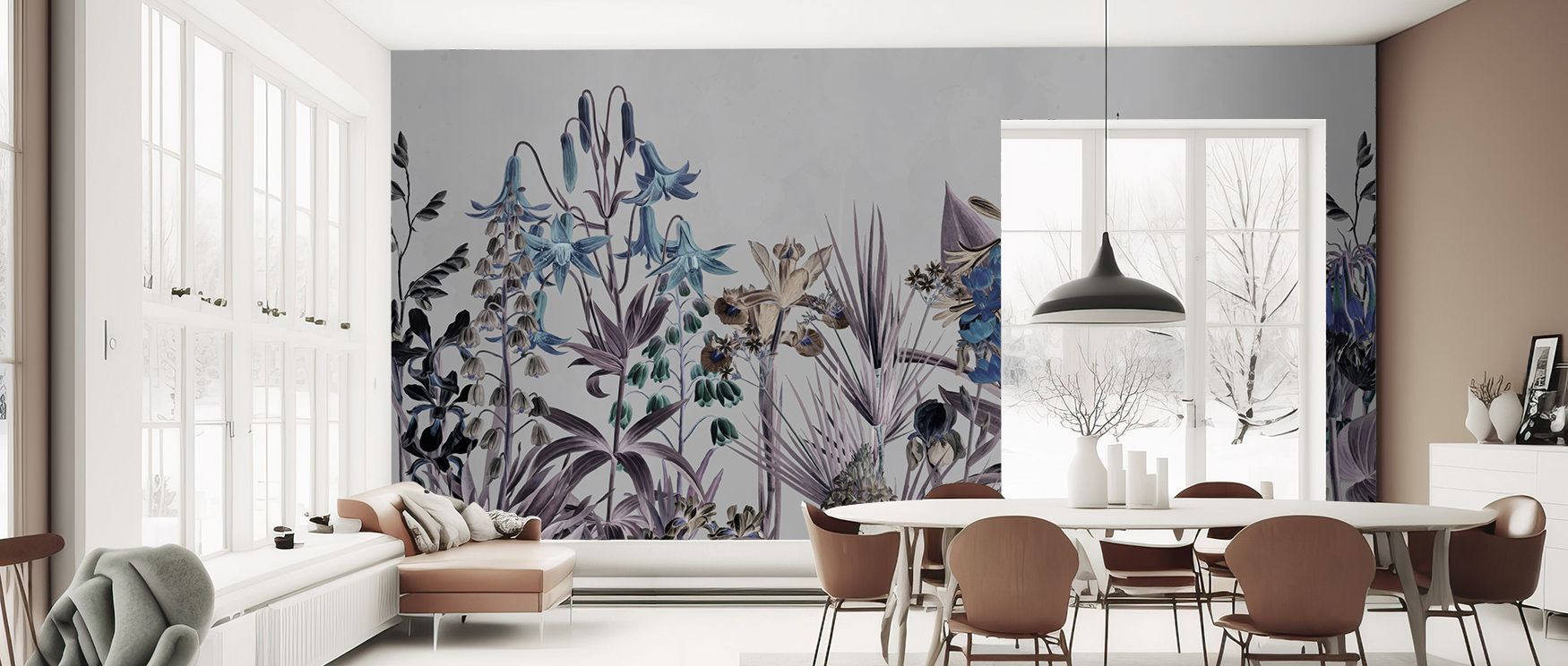 The dreamlike nature of Field of Dreams Blue Wallpaper emerges in its delicate patterns, each flower unfolding gently across serene blue shades. This soft flow imbues interiors with peace, enhancing the environment with a calming presence, perfect for rel
