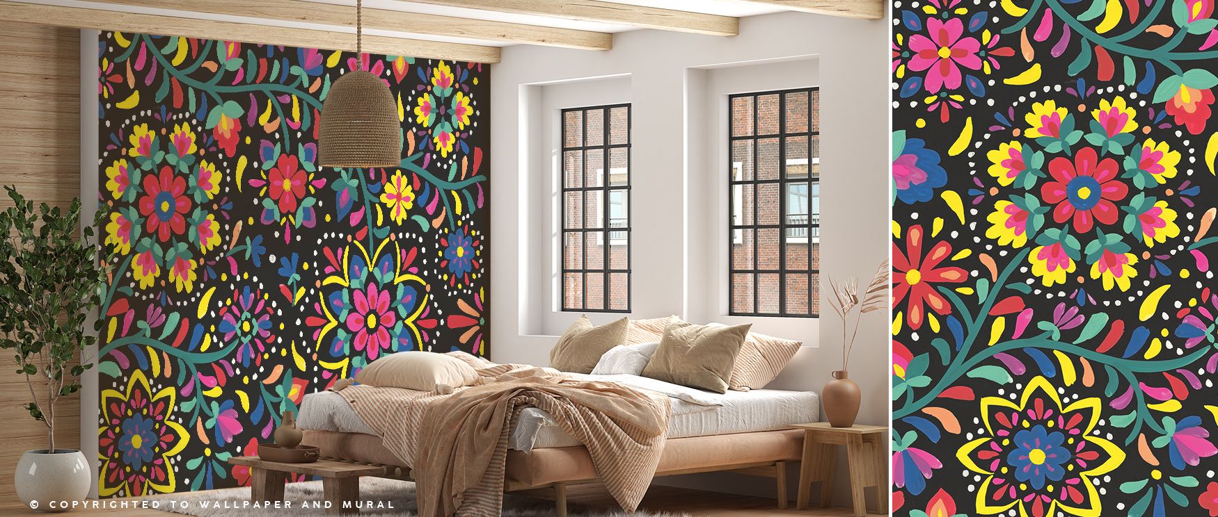 Radiant blossoms define Floral Fiesta I Wallpaper, creating a scene of joyful vibrancy that fills interiors with life and energy. Its colors unfold in vivid harmony, enhancing the atmosphere with cheer and positivity, perfect for living spaces that embrac