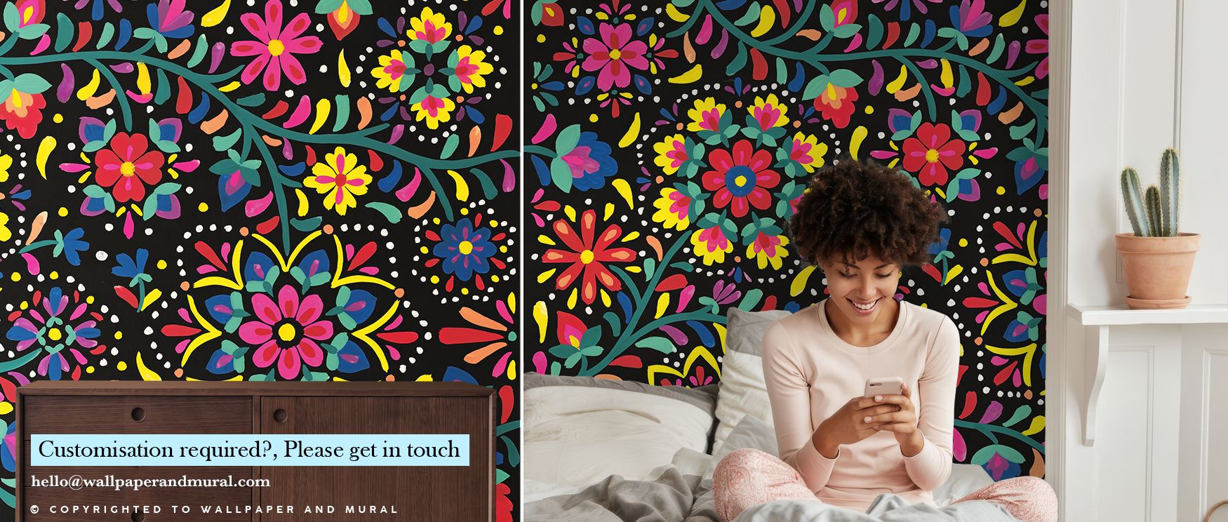 In Floral Fiesta I Wallpaper, blossoms burst forth in playful clusters, radiating color and vibrancy across walls. This celebration of nature infuses interiors with energy and charm, ideal for creating a lively home environment filled with joy and radiant